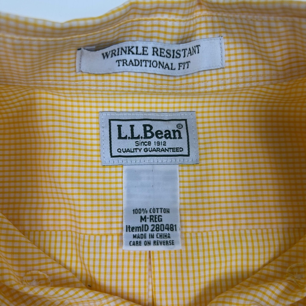 LL Bean Mens Short Sleeve Gingham Button Down Shirt Yellow White Traditional Fit - Picture 3 of 7